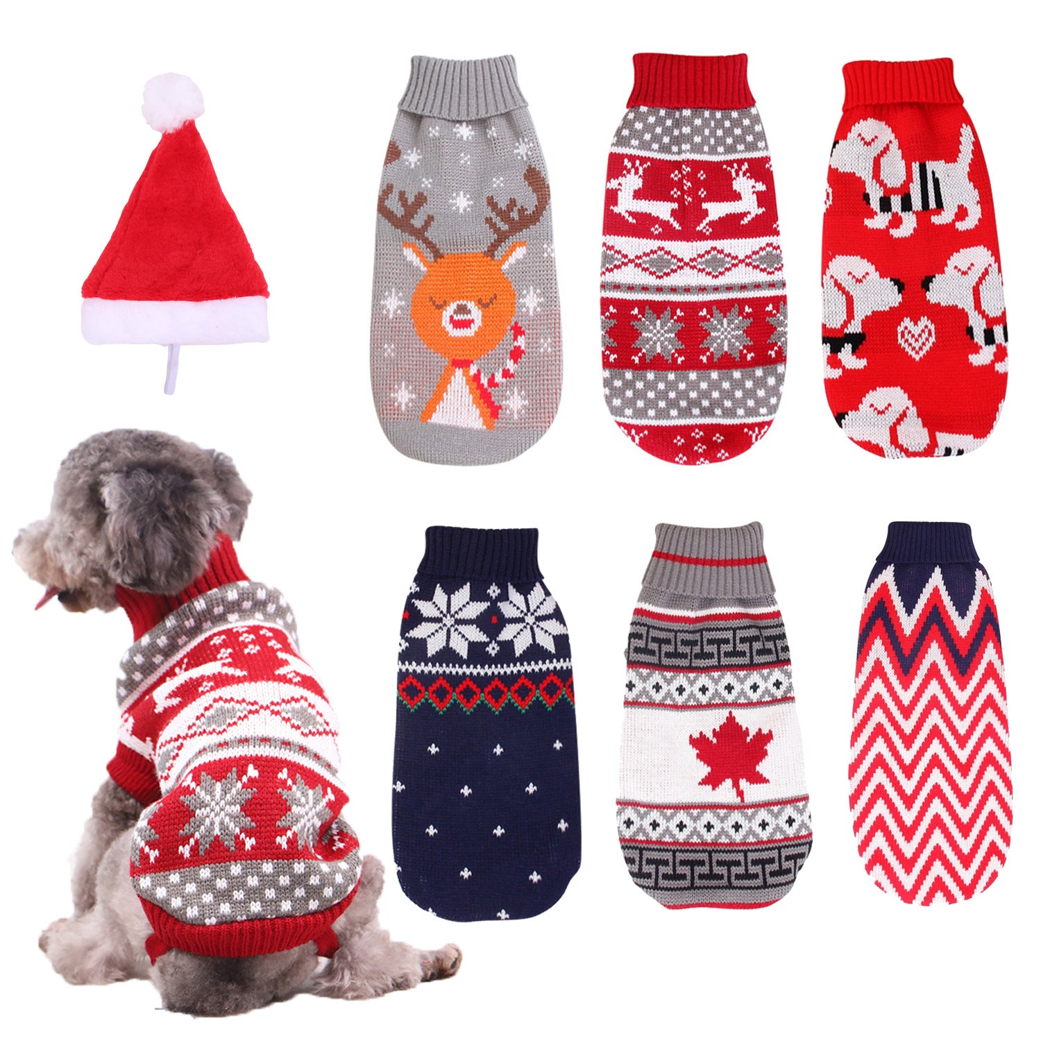 Christmas reindeer maple leaves snowflakes holiday pet clothes high necked knitted sweaters dog and cat clothing jackets | Panier, lit et accessoires design pour animaux - CoconDou