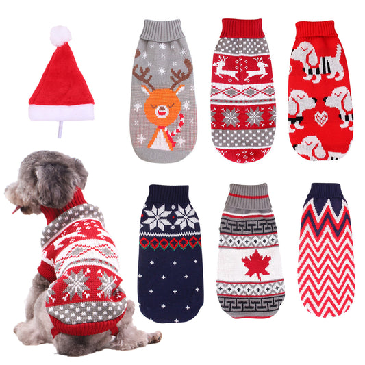 Christmas reindeer maple leaves snowflakes holiday pet clothes high necked knitted sweaters dog and cat clothing jackets | Panier, lit et accessoires design pour animaux - CoconDou